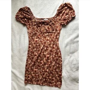 Iris Floral Brown Mini Dress with Puff Sleeves